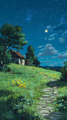 Starry sky, a meadow full of yellow flowers and green grass on the hillside in front of an old house with lights on inside