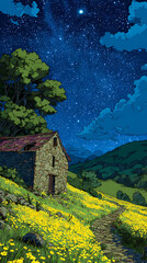 Starry sky, a meadow full of yellow flowers and green grass on the hillside in front of an old house with lights on inside