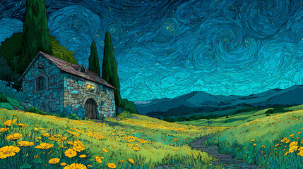 Starry sky, a meadow full of yellow flowers and green grass on the hillside in front of an old house with lights on inside