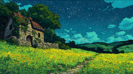 Starry sky, a meadow full of yellow flowers and green grass on the hillside in front of an old house with lights on inside