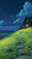 Starry sky, a meadow full of yellow flowers and green grass on the hillside in front of an old house with lights on inside