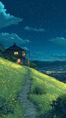 Starry sky, a meadow full of yellow flowers and green grass on the hillside in front of an old house with lights on inside
