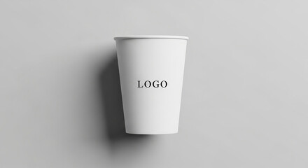 A clean white paper cup with the word "LOGO" printed in black text on a plain grey background.