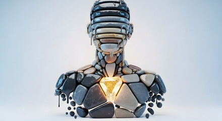 Abstract artistic representation of a human bust constructed from various textured stones, with a glowing core.