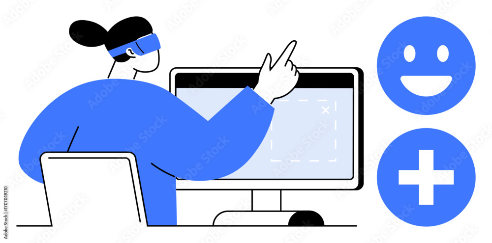 Poster individual wearing a vr headset interacts with a computer screen, pointing at interface elements. po