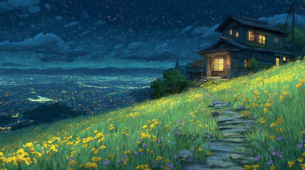 Starry sky, a meadow full of yellow flowers and green grass on the hillside in front of an old house with lights on inside