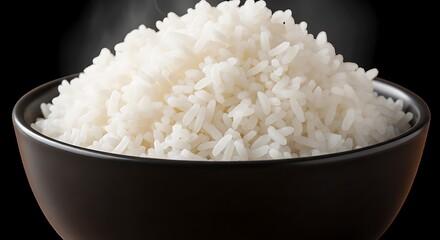 Steaming rice in a sleek dark bowl, culinary still life presentation