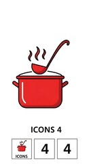Simple icon of a red cooking pot with a ladle and steam, perfect for a kitchen or food-related design project.