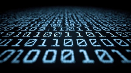 A perspective shot of randomly ordered blue binary code, composed of 0 and 1 digits, receding into the distance against a dark background