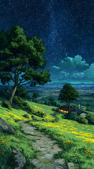 Starry sky, a meadow full of yellow flowers and green grass on the hillside in front of an old house with lights on inside
