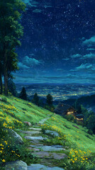 Starry sky, a meadow full of yellow flowers and green grass on the hillside in front of an old house with lights on inside