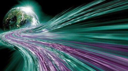 Globe with streaming teal and purple abstract lines, suggesting movement or connection. A bright light shines over the globe in space, against a black background