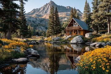 Obraz premium Scenic Mountain Cabin Surrounded by Wildflowers and Reflective Water
