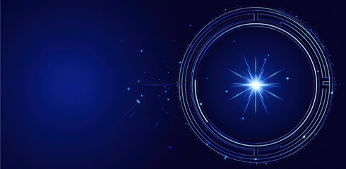 Luminous starburst centered within concentric rings, floating against a gradient dark blue backdrop. Sparks radiate outwards
