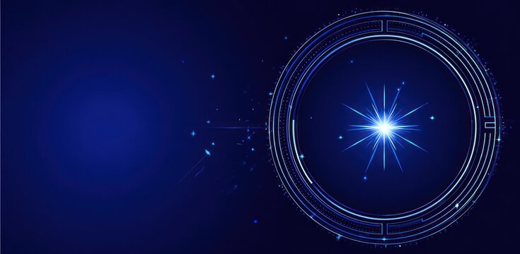 Luminous starburst centered within concentric rings, floating against a gradient dark blue backdrop. Sparks radiate outwards