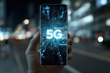 Hand holding a phone with "5G" displayed against a blurred city background at night, with a glowing digital overlay effect on the screen