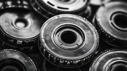 Obraz premium Vintage film reels stacked together create nostalgic atmosphere, showcasing intricate details and textures. black and white aesthetic enhances classic feel, evoking memories of cinematic history