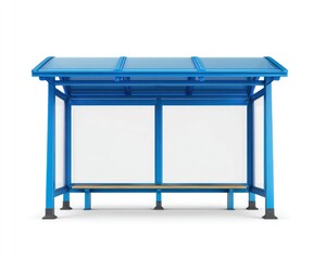 Blue bus stop with a transparent roof and white panels on a white background, offering seating