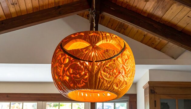 Carved pumpkin lantern hanging from a wooden ceiling