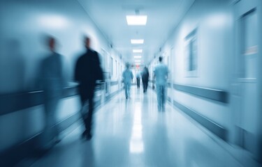 Blurry figures walk a long, sterile hospital corridor. Pale walls with doors line the hallway, illuminated by bright, soft light with a cool, blue tint