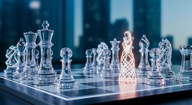 Futuristic chess game symbolizing business strategy with a standout glowing queen piece