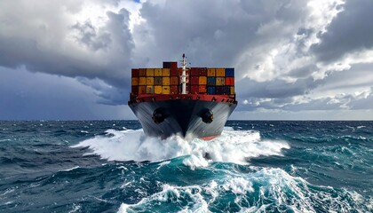 Cargo ship navigating stormy seas with containers under a dramatic cloudy sky