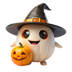 Cute Cartoon Halloween Ghost with Pumpkin and Witch Hat on transparent background