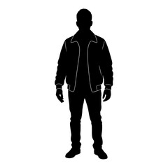Full length silhouette of a man wearing a jacket and jeans isolated on white background