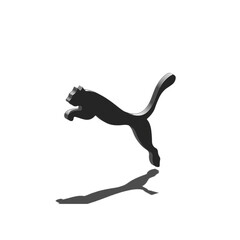 Obraz premium A powerful three-dimensional black feline silhouette leaping with agility, isolated on a white background with a subtle shadow, symbolizing speed and motion