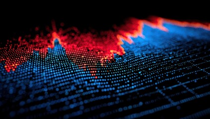 Data visualization depicts an abstract landscape of blue and red dots forming a graph pattern with a black background, suggesting data analysis