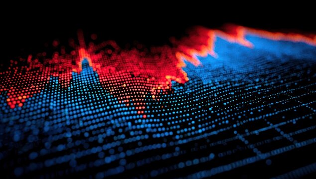 Data visualization depicts an abstract landscape of blue and red dots forming a graph pattern with a black background, suggesting data analysis