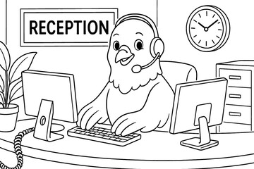 Cheerful cartoon dove receptionist wearing headset typing at front desk, office coloring page