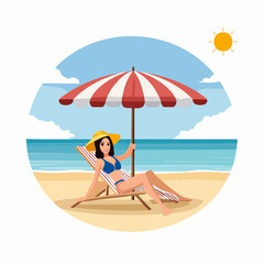Summer Beach Relaxation Woman Relaxing Under Beach Umbrella