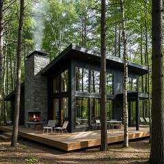A modern, dark-colored cabin nestled amidst a lush forest, showcasing expansive windows and a cozy patio area.