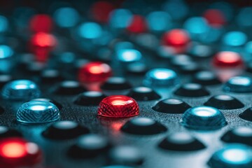 Close-up Grid of blue & red, shiny elements. Some are brightly lit, others dark. Sharp focus on center, blurred background. Metallic texture visible