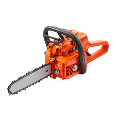 Fototapeta premium Chainsaw with bright orange casing, isolated transparent background