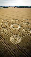 A sprawling field of golden wheat displays intricate geometric patterns, a captivating crop circle design.