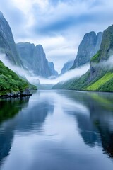 Trollfjord reflecting on calm water with fog and clouds in Norway
