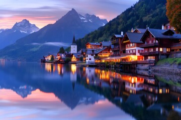 Naklejka premium Beautiful alpine village Hallstatt reflecting on the calm water