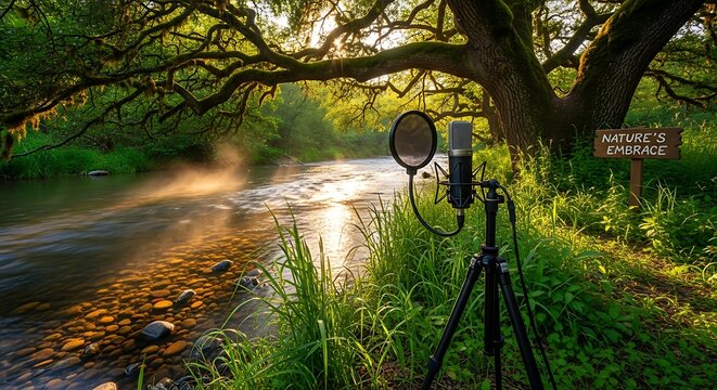 A tranquil riverside scene at sunrise, featuring a microphone positioned amidst lush greenery and a flowing river, bathed in golden sunlight, evoking a sense of peaceful serenity.