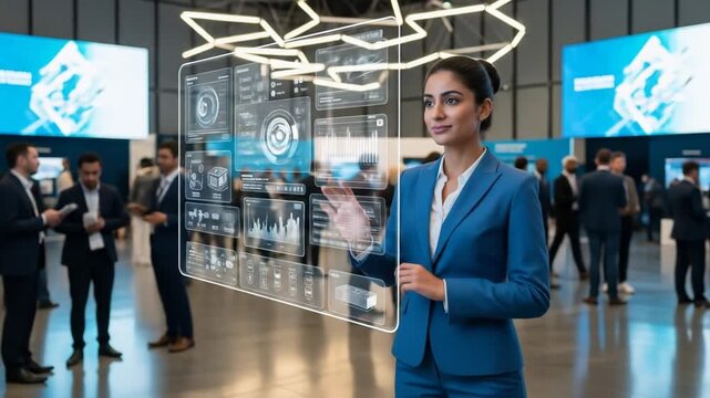 Businesswoman interacts with holographic interface in futuristic conference showcase