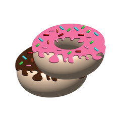 A delectable pair of freshly glazed doughnuts, one with pink frosting and colorful sprinkles and the other with rich chocolate, isolated vector illustration