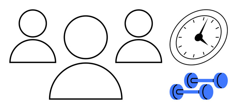 Three person icons represent teamwork a clock signifies time management and dumbbells showcase fitness. Ideal for collaboration, productivity, wellness, scheduling, exercise, health, simple flat