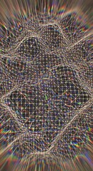 An intricate network of lines and points creates a dynamic, three-dimensional structure with a radiant, multicolored glow.
