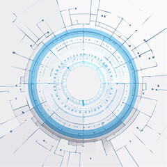 Abstract futuristic technology concept featuring a circular user interface with glowing blue digital data elements on a white background