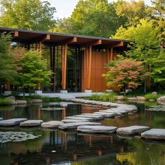 A serene landscape featuring a modern wooden building nestled within a tranquil water garden, highlighted by a winding path of large, flat stones across a still pond.