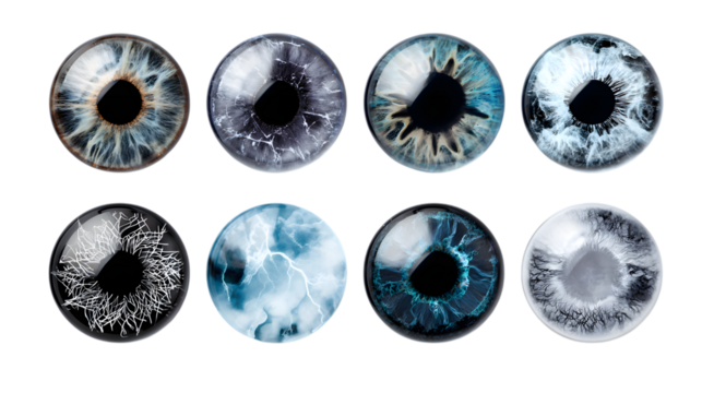 Beautiful eye irises collection with artistic designs for captivating visual storytelling isolated on white background