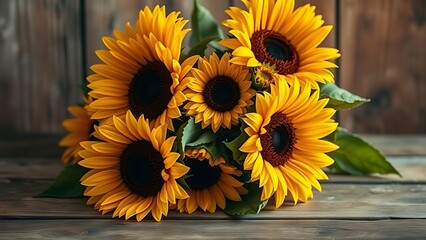 Sunflower bouquet on a rustic wooden surface, glowing with warm golden tones.
