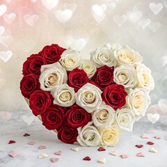 Fresh white and red roses in a heart shape with a soft dreamy background.