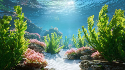 Underwater sunlight, green seaweed, pink coral, clear water, sandy ocean floor, peaceful marine scene